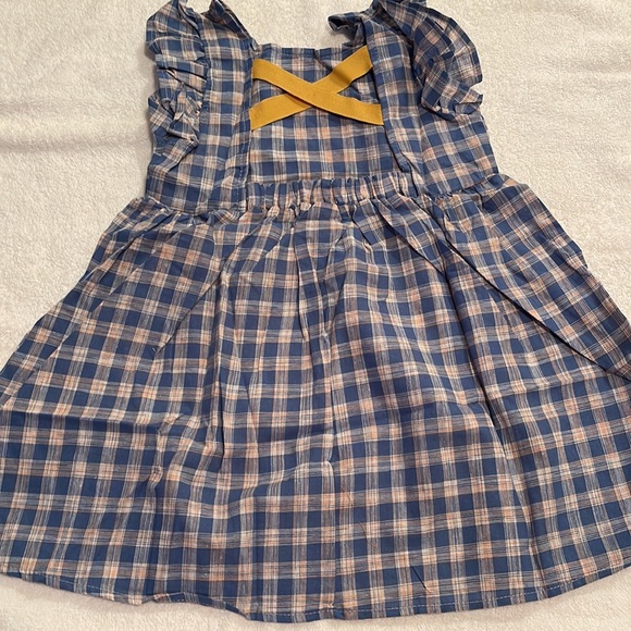 NEW Little girls blue gold plaid dress open cross cross back details size 4-5 - Picture 3 of 4